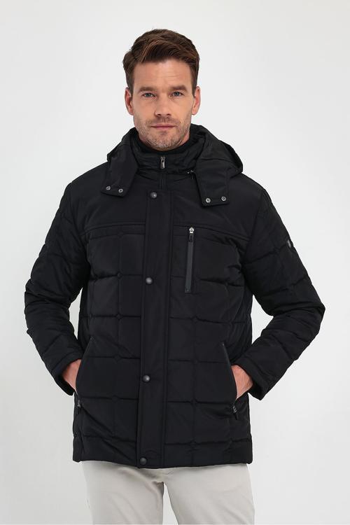 Erkek Siyah Standart Fit Normal Kesim Çıkmalı Kapüşon Dik Yaka Mont