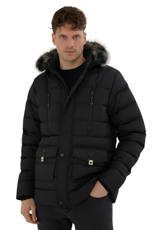 Erkek Siyah Erkek Outdoor Su Geçirmez Kapüşonlu Kışlık Kaban – Rüzgar Ve Yağmura Dayanıklı Mont&Kaba