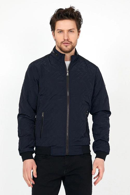 Yeni Sezon Erkek Lacivert Mevsimlik Triko Ve Deri Biye Detaylı Fermuarlı İç Cepli Mont&Ceket