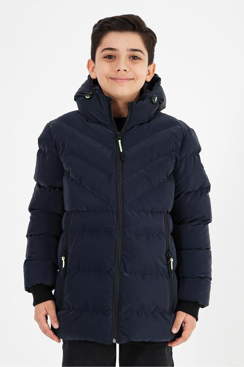 Lacivert Erkek Çocuk Sabit Kapüşonlu Şişme Deri Karışımlı Kumaş Mont&Kaban