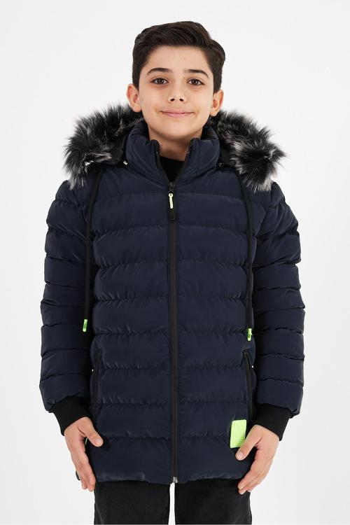Lacivert Erkek Çocuk Çıkartılabilir Kapüşonlu Şişme Deri Karışımlı Kumaş Mont&Kaban