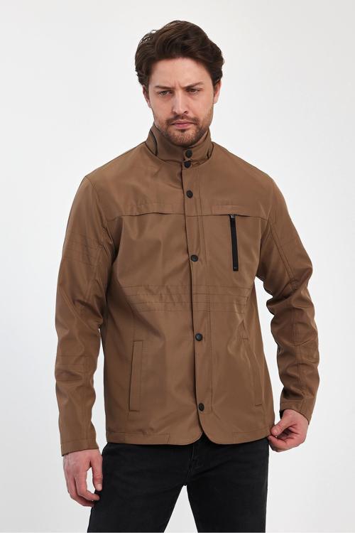 Erkek Kahverengi Regular Uzun Mevsimlik Pamuk Polyester Karışımlı Safari Mont&Ceket