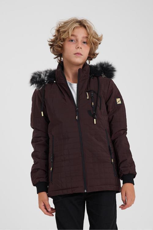 Bordo Erkek Çocuk Su Ve Rüzgar Geçirmez Çıkartılabilir Kapüşonlu Kapitone Mont&Kaban