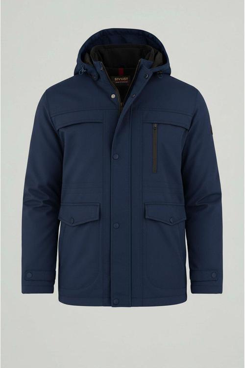 Erkek Lacivert Pamuk Polyester Karışımlı Kürklü Çıkartılabilir Kapüşonlu Mont&Kaban