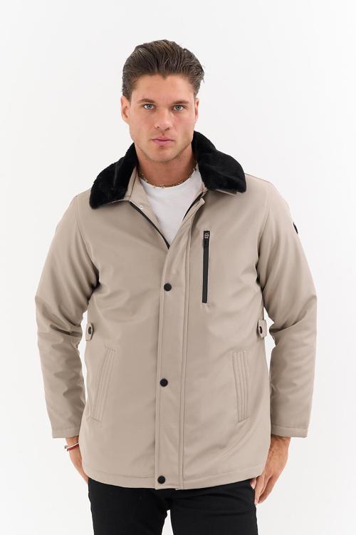 Erkek Krem Yakası Çıkartılabilir Kürklü Su İtici İçi Kürklü Kaban – Rüzgar Geçirmez, Hafif Ve Dayanı