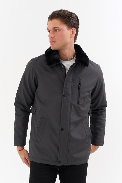 Erkek Gri Yakası Çıkartılabilir Kürklü Su İtici İçi Kürklü Kaban – Rüzgar Geçirmez, Hafif Ve Dayanık