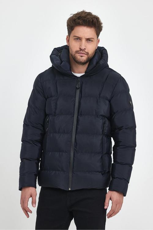 Erkek Lacivert Su Ve Rüzgar Geçirmez Sabit Kapüşonlu Pofuduk Yaka Kalın Içi Kürklü Şişme Mont&Kaban