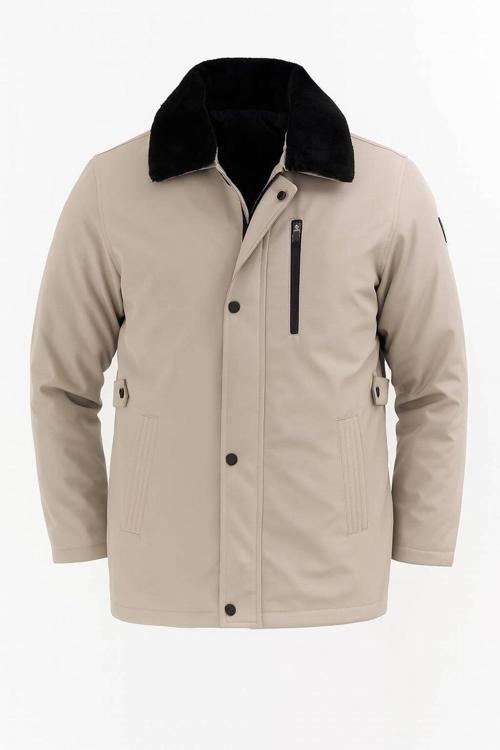 Erkek Krem Yakası Çıkartılabilir Kürklü Su İtici İçi Kürklü Kaban – Rüzgar Geçirmez, Hafif Ve Dayanı