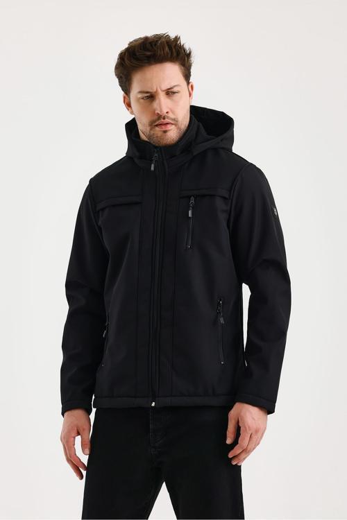 Siyah Erkek %100 Su Geçirmez İçi Polarlı İç Çepli Çıkartılabilir Kapüşonlu Softshell Mont&Kaban