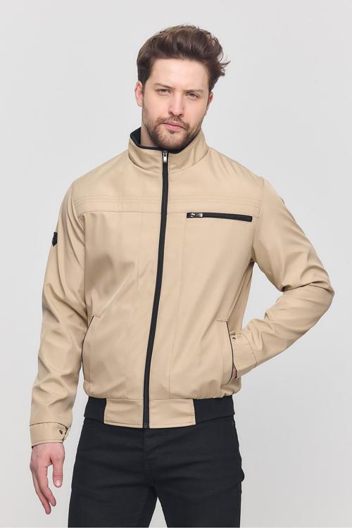 Erkek Krem Mevsimlik Triko Detaylı Fermuarlı İç Cepli Mont&Ceket
