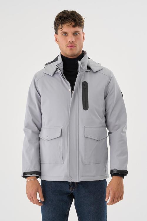 Erkek Gri Su Ve Rüzgar Geçirmez Çıkartılabilir Kapüşonlu Mont&Kaban