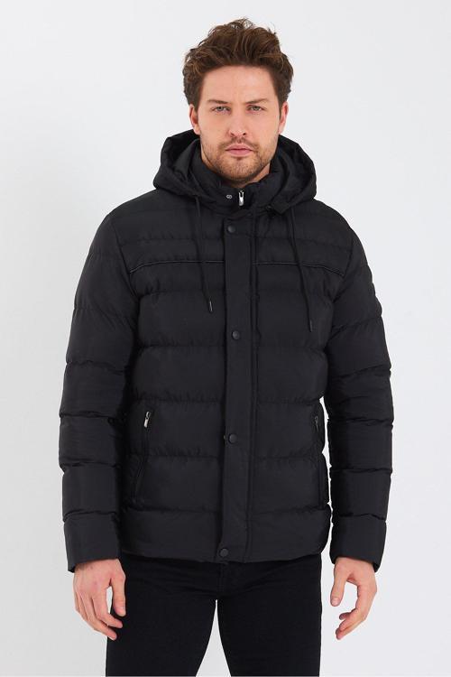 Erkek Kapüşonlu Siyah Su Ve Rüzgar Geçirmez Regular Şişme Kaban&Mont