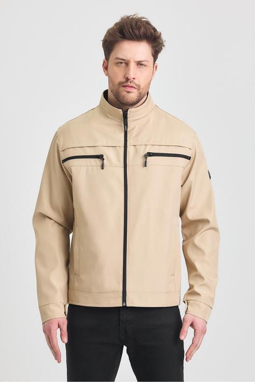 Krem Erkek Pamuk Polyester Karışımlı Çift Göğüs Fermuarlı Su Ve Rüzgar Geçirmez Mevsimlik&Yazlık Mon