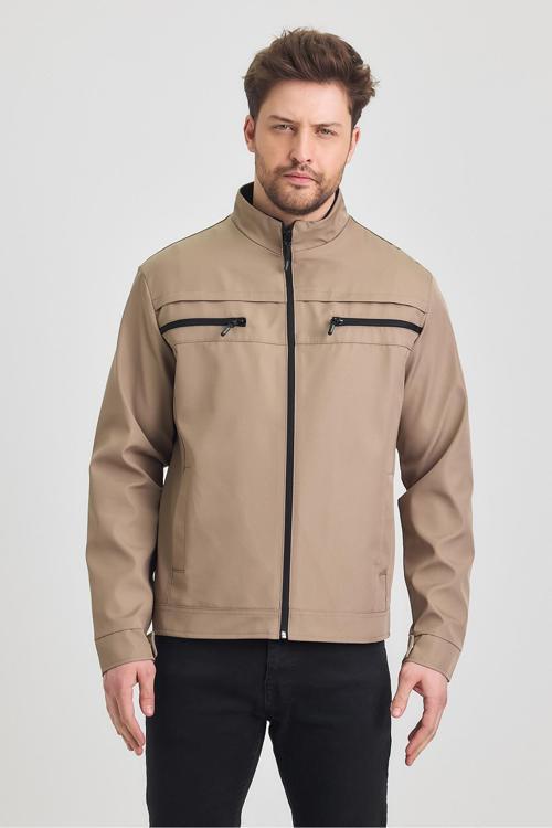 Bej Erkek Pamuk Polyester Karışımlı Çift Göğüs Fermuarlı Su Ve Rüzgar Geçirmez Mevsimlik&Yazlık Mont