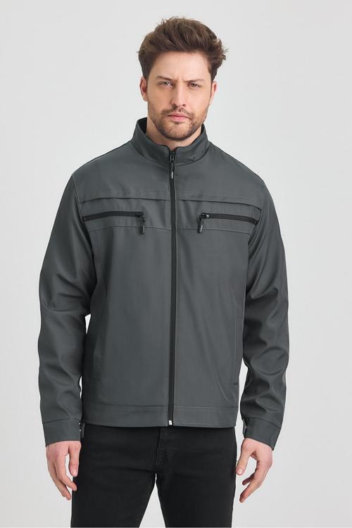 Antrasit Erkek Pamuk Polyester Karışımlı Çift Göğüs Fermuarlı Su Ve Rüzgar Geçirmez Mevsimlik&Yazlık