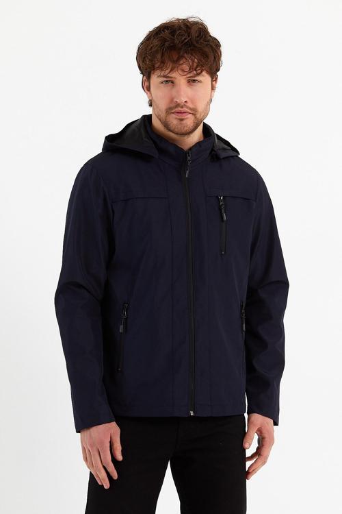 Yeni Sezon Erkek Lacivert Kapüşonlu İç Cepli Su Ve Rüzgar Geçirmez Mevsimlik&Yazlık Mont