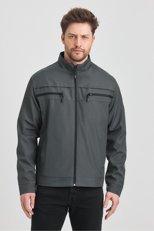 Antrasit Erkek Pamuk Polyester Karışımlı Çift Göğüs Fermuarlı Su Ve Rüzgar Geçirmez Mevsimlik&Yazlık