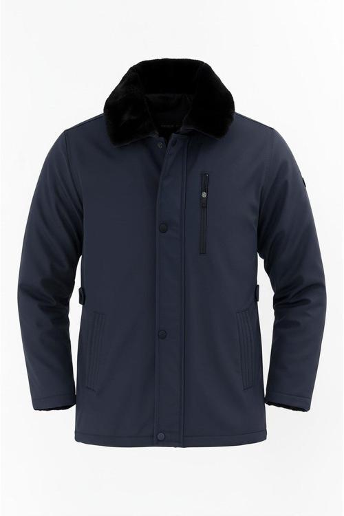 Erkek Lacivert Yakası Çıkartılabilir Kürklü Su İtici İçi Kürklü Kaban – Rüzgar Geçirmez, Hafif Ve Da
