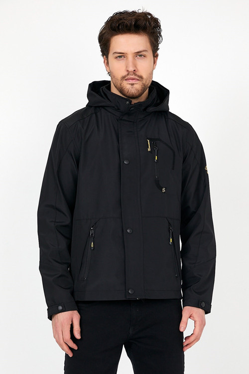 Yeni Sezon Erkek Siyah Softshell Kapüşonlu Iç Cepli Su Ve Rüzgar Geçirmez Mevsimlik&Yazlık Mont