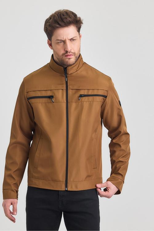 Kahverengi Erkek Pamuk Polyester Karışımlı Çift Göğüs Fermuarlı Su Ve Rüzgar Geçirmez Mevsimlik&Yazl