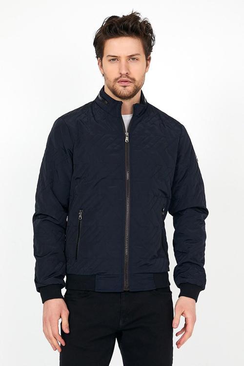 Yeni Sezon Erkek Lacivert Mevsimlik Triko Ve Deri Biye Detaylı Fermuarlı Iç Cepli Mont&Ceket