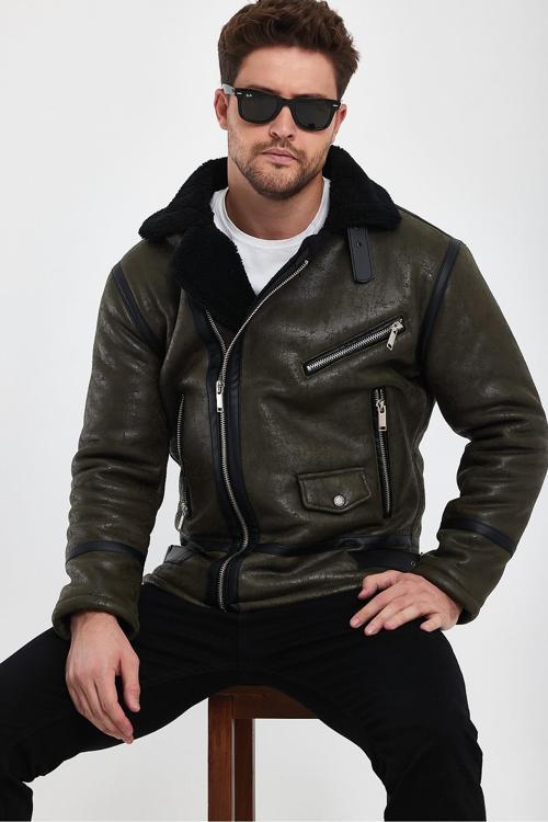 Erkek Yeşil Napa Deri İçi Kürklü Mont&Ceket