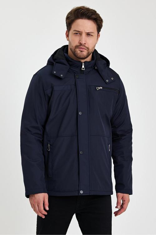 Lacivert İçi Kalın Kürklü Çıkartılabilir Kapüşonlu Fermuar Çepli Rüzgar Ve Su Geçirmez Mont&Kaban