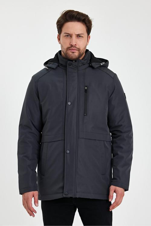 Gri İçi Kalın Kürklü Çıkartılabilir Kapüşonlu Rüzgar Ve Su Geçirmez Mont&Kaban