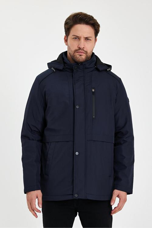 Lacivert İçi Kalın Kürklü Çıkartılabilir Kapüşonlu Rüzgar Ve Su Geçirmez Mont&Kaban