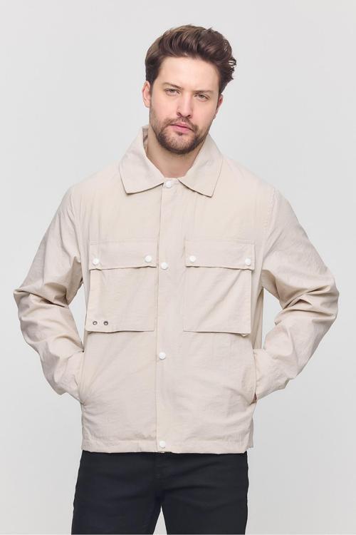 Krem Erkek Çift Göğüs Cepli Yazlık Ceket&Mont