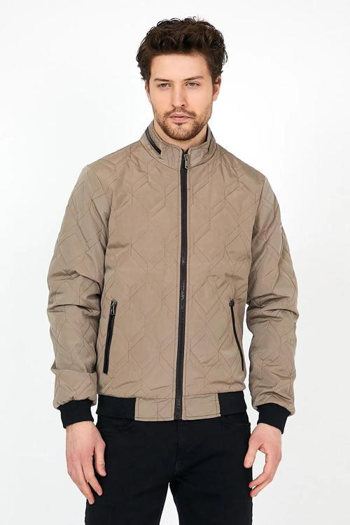 Yeni Sezon Erkek Krem Mevsimlik Triko Ve Deri Biye Detaylı Fermuarlı İç Cepli Mont&Ceket