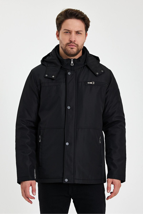 Siyah İçi Kalın Kürklü Çıkartılabilir Kapüşonlu Fermuar Çepli Rüzgar Ve Su Geçirmez Mont&Kaban