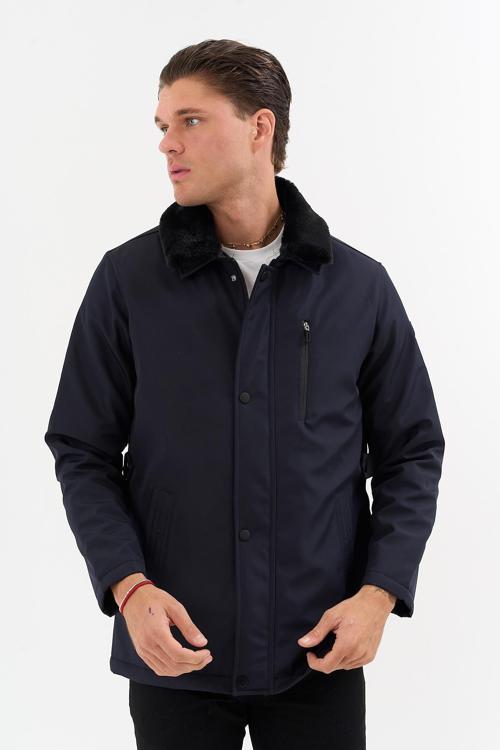 Erkek Lacivert Yakası Çıkartılabilir Kürklü Su İtici İçi Kürklü Kaban – Rüzgar Geçirmez, Hafif Ve Da