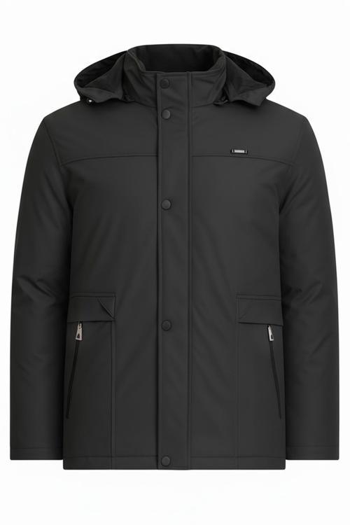 Erkek Siyah %100 Su Ve Rüzgar Geçirmez Kürklü Çıkartılabilir Kapüşonlu Mont&Kaban