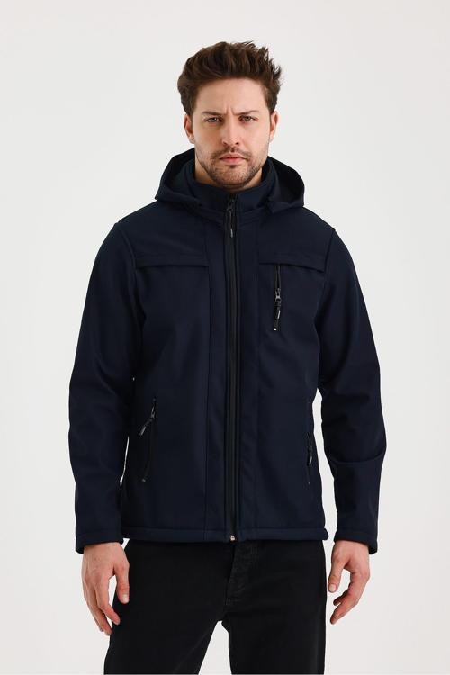 Lacivert Erkek %100 Su Geçirmez İçi Polarlı İç Çepli Çıkartılabilir Kapüşonlu Softshell Mont&Kaban