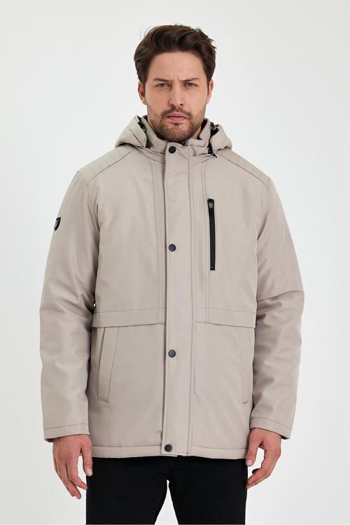 Krem İçi Kalın Kürklü Çıkartılabilir Kapüşonlu Rüzgar Ve Su Geçirmez Mont&Kaban