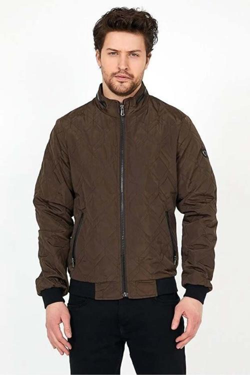 Yeni Sezon Erkek Kahverengi Mevsimlik Triko Ve Deri Biye Detaylı Fermuarlı İç Cepli Mont&Ceket