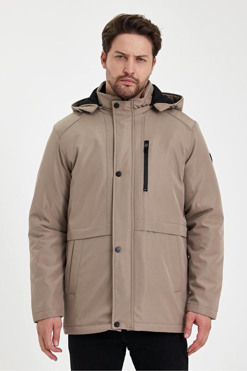 Bej İçi Kalın Kürklü Çıkartılabilir Kapüşonlu Rüzgar Ve Su Geçirmez Mont&Kaban