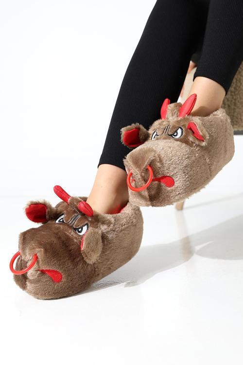 Hayvanlı B20 Boğa Modelli Kışlık Kadın Erkek Panduf Ev Içi Sessiz Taban Panduf