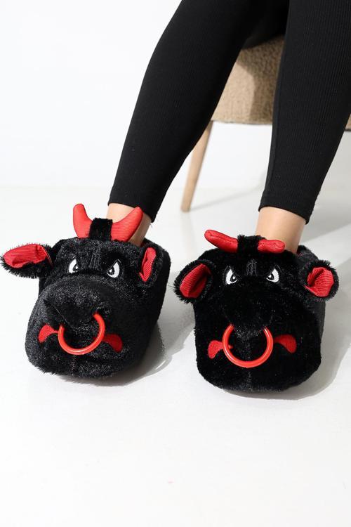 Hayvanlı B20 Boğa Modelli Kışlık Kadın Erkek Panduf Ev Içi Sessiz Taban Panduf