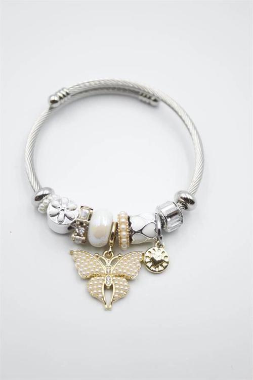 Çelik Charmlı Kelebek Bileklik - Beyaz