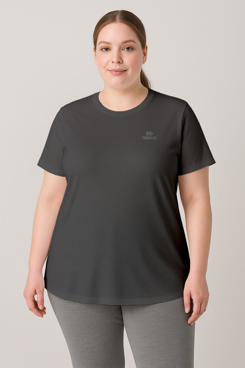 Koyu Gri Baskılı O Yaka Rahat Form Battal Büyük Beden Kadın T-Shirt - 97308