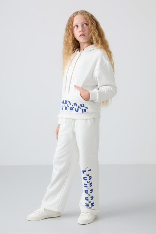 Ekru Pamuklu İçi Tüylü Yumuşak Dokulu Oversize Baskılı Kız Çocuk Eşofman Takım - 75147