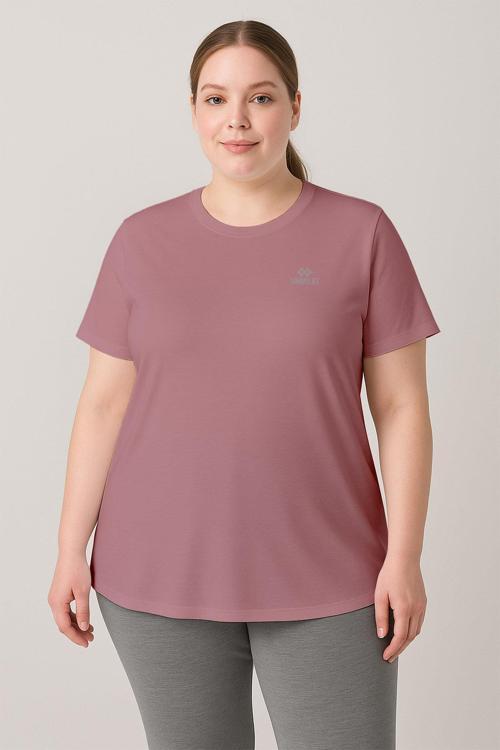 Gül Kurusu Baskılı O Yaka Rahat Form Battal Büyük Beden Kadın T-Shirt - 97308