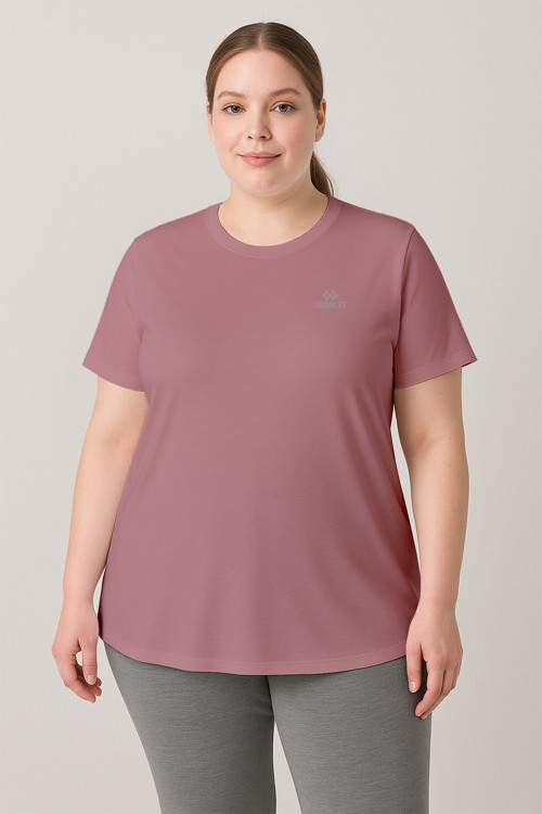Gül Kurusu Baskılı O Yaka Rahat Form Battal Büyük Beden Kadın T-Shirt - 97308