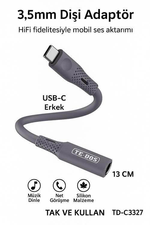 TD-C3327 Type-C-3.5mm Kulaklık Dönüştürücü HiFi Ses Aktarımı DAC Çipli Tak ve Kullan 13cm