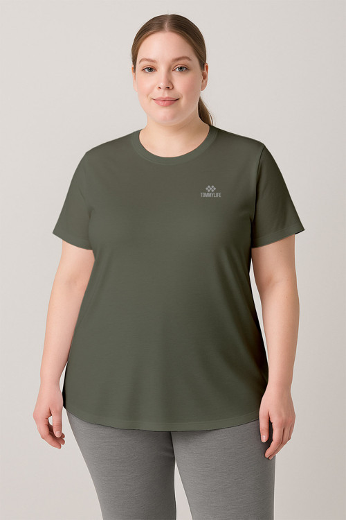 Haki Baskılı O Yaka Rahat Form Battal Büyük Beden Kadın T-Shirt - 97308