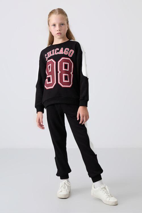 Siyah Pamuklu İçi Tüylü Yumuşak Dokulu Standart Fit Nakışlı Kız Çocuk Eşofman Takım - 75170