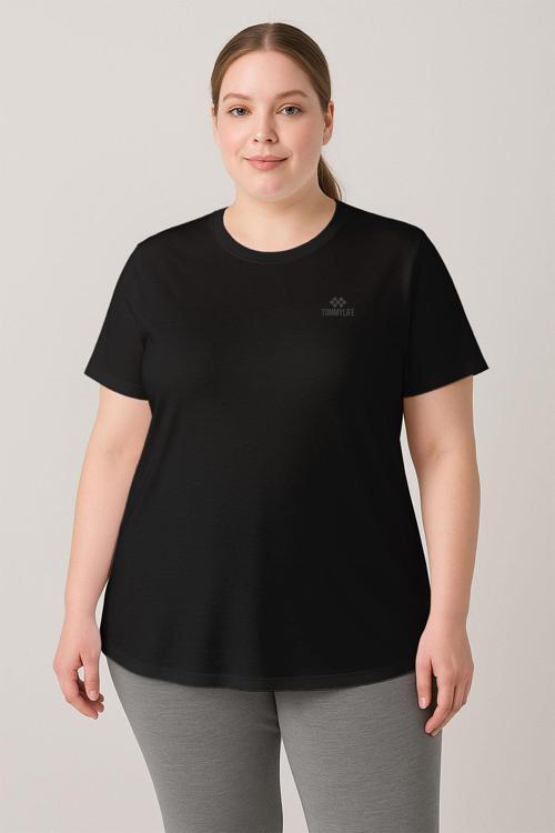Siyah Baskılı O Yaka Rahat Form Battal Büyük Beden Kadın T-Shirt - 97308