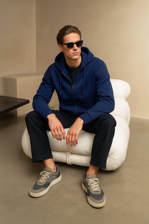 Erkek Fermuarlı Kapüşonlu Cepli İndigo Sweatshirt